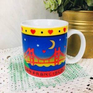 Vintage San Francisco Mug Cup Colorful Golden Gate Bridge Hearts Stars Night